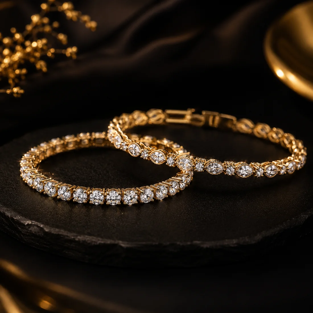 Moissanite bracelets styled on black velvet with warm gold lighting