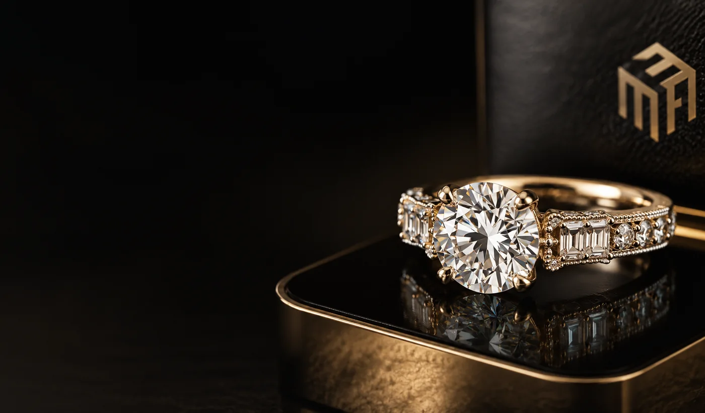 Moissanite statement ring in a black and gold M3 Jewelers setting