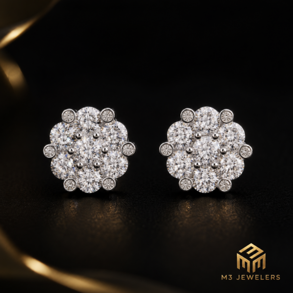 Flower Shape VVS Moissanite Screw Back Stud Earrings 925 Silver | M3 Jewelers