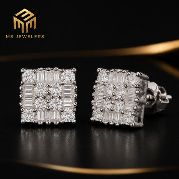 Square Baguette VVS Moissanite Screw Back Stud Earrings 925 Silver | M3 Jewelers