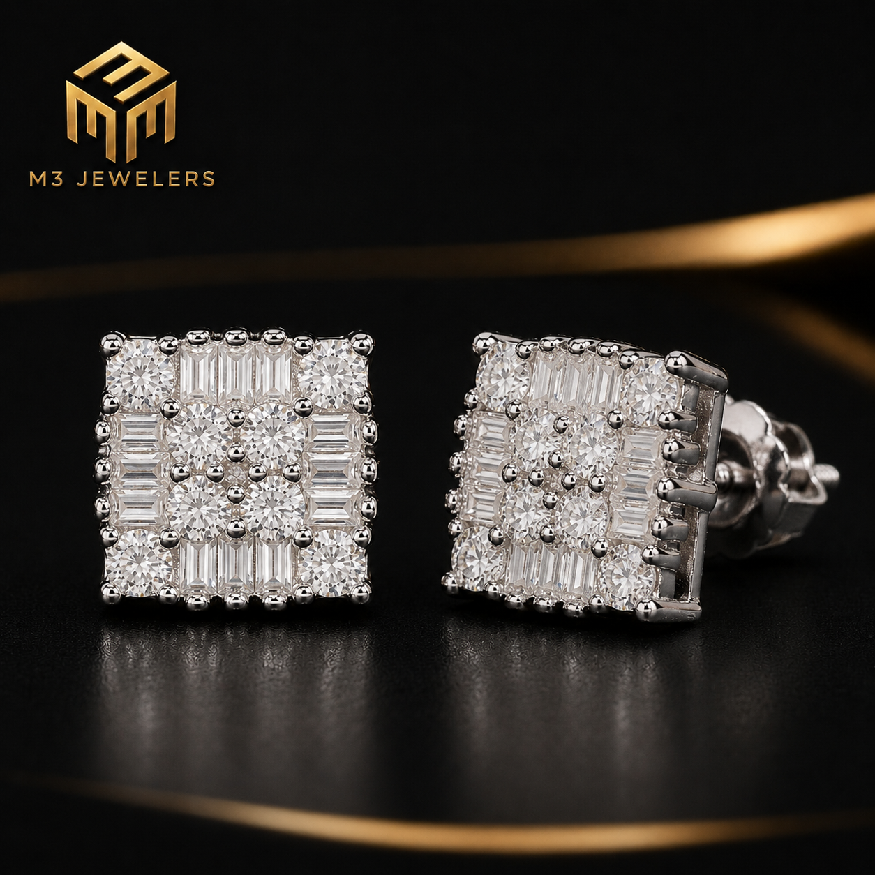Square Baguette VVS Moissanite Screw Back Stud Earrings 925 Silver | M3 Jewelers