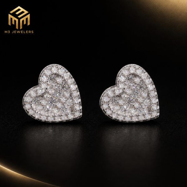 Heart Shape Iced VVS Moissanite Screw Back Stud Earrings 925 Silver | M3 Jewelers