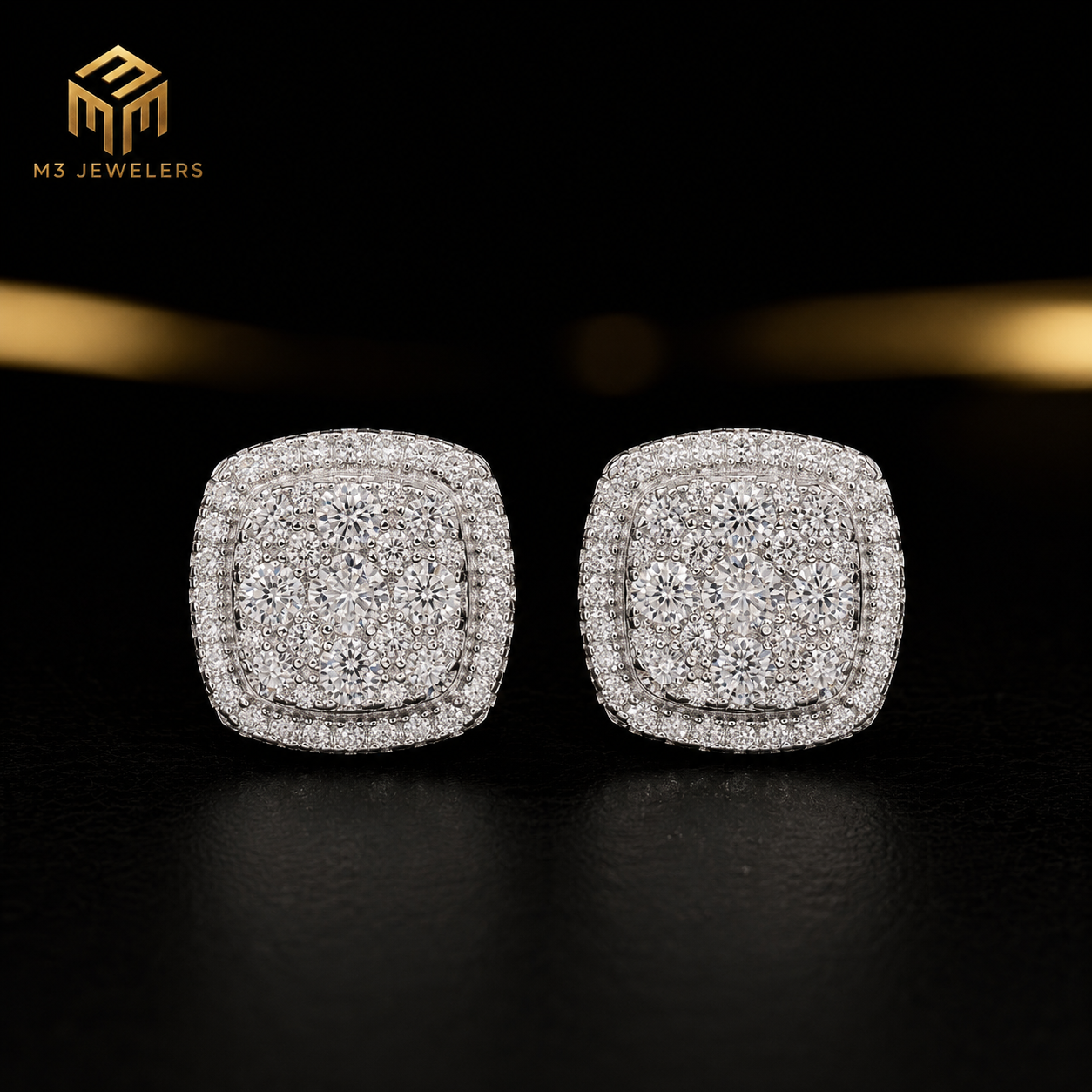 Square Cushion Cluster VVS Moissanite Screw Back Stud Earrings 925 Silver | M3 Jewelers