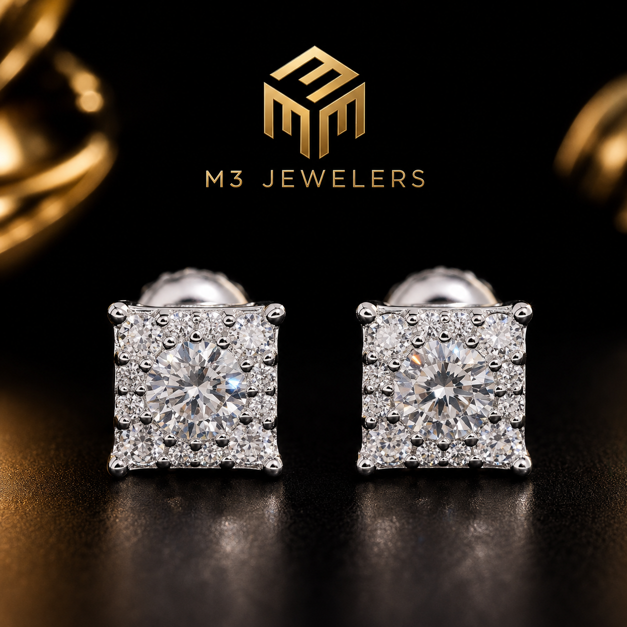 4.0mm Square Halo VVS Moissanite Screw Back Stud Earrings 925 Silver | M3 Jewelers