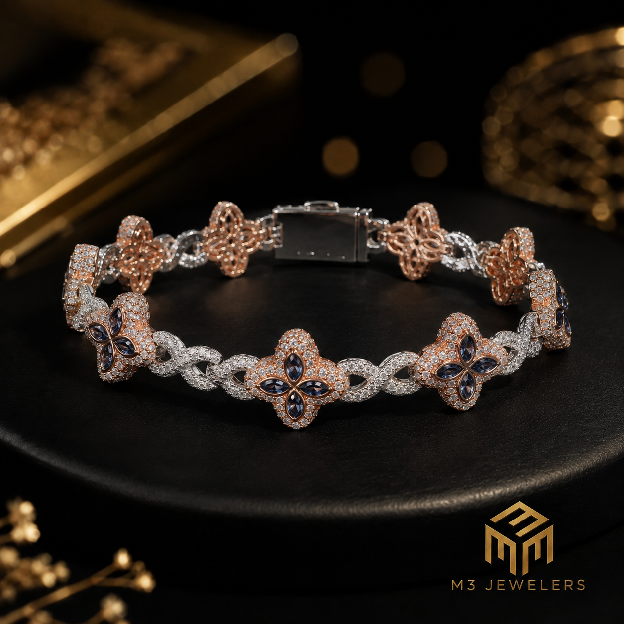 Two Tone Moissanite & Sapphire Marquise Clover Bracelet 925 Silver | M3 Jewelers